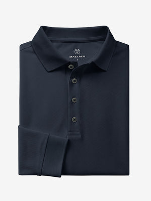Folded view of dark navy solid stretch cotton pique long sleeve polo shirt