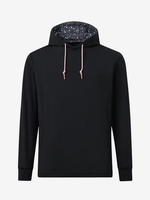 3D view of black  soft stretchy hoodie with inner print hood