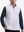 Front upper body shot of model wearing white polka dots full print quarter zip sleeveless vest pullover