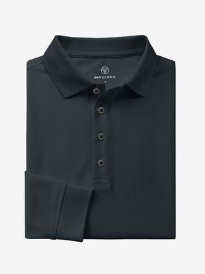 Folded view of dark gray solid stretch cotton pique long sleeve polo shirt