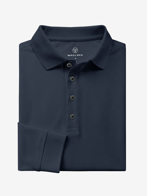 Folded view of navy solid stretch cotton pique long sleeve polo shirt