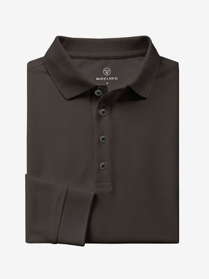 Folded view of dark brown solid stretch cotton pique long sleeve polo shirt