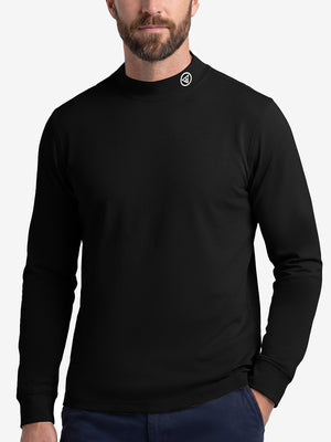 Upper body front view of model wearing black warm brushed mock neck golf t shirt