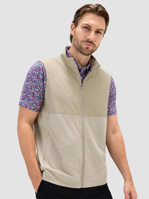 Khaki heather vest front view on model