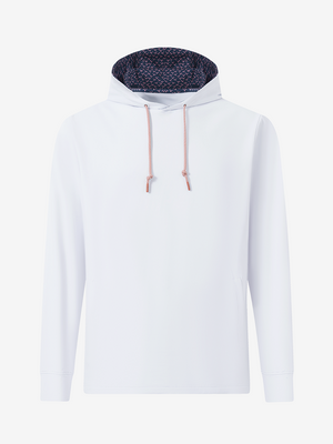 3D view of white soft stretchy hoodie with inner print hood