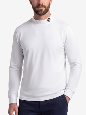 Upper body front view of model wearing white warm brushed mock neck golf t shirt