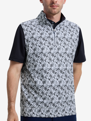 Front upper body shot of model wearing black grey leaf1 full print quarter zip sleeveless vest pullover