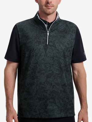 Front upper body shot of model wearing black grey leaf2  full print quarter zip sleeveless vest pullover