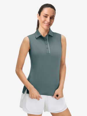Front upper body view in dusty blue of women's 4 buttons golf polo shirts.