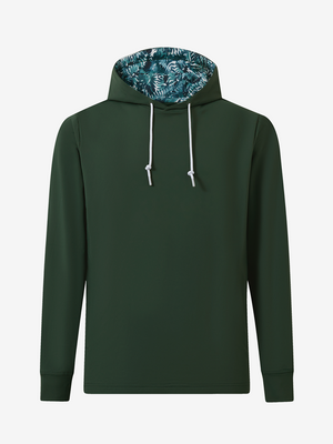 3D view of forest green  soft stretchy hoodie with inner print hood