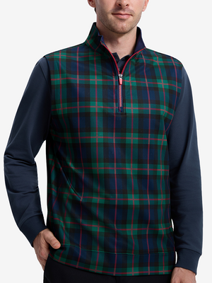 Front upper body shot of model wearing dark plaid  full print quarter zip sleeveless vest pullover