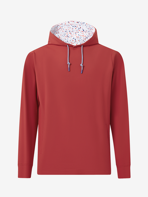 3D view of red  soft stretchy hoodie with inner print hood