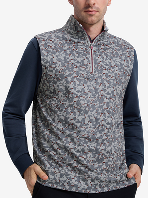 Front upper body shot of model wearing grey/wine camo  full print quarter zip sleeveless vest pullover