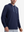 Front view of model showcasing navy soft stretchy hoodie with inner print hood