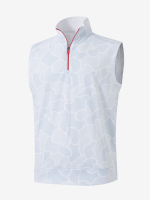 3D view of grey irregular shape full print quarter zip sleeveless vest pullover