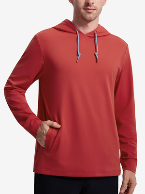 Front view of model showcasing red soft stretchy hoodie with inner print hood