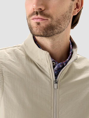 Khaki heather neckline detail on model