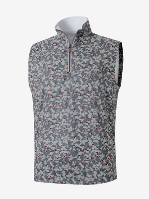 3D view of grey/wine camo full print quarter zip sleeveless vest pullover