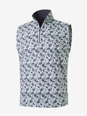 3D view of black grey leaf1 full print quarter zip sleeveless vest pullover
