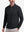 Front upper body shot of model wearing black solid stretch cotton pique long sleeve polo shirts
