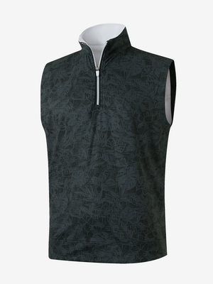 3D view of black grey leaf2 full print quarter zip sleeveless vest pullover