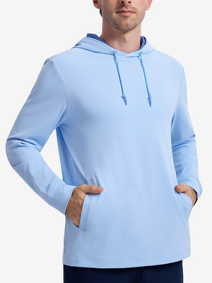 Front view of model showcasing light blue soft stretchy hoodie with inner print hood
