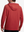 Back view of model showcasing red soft stretchy hoodie with inner print hood