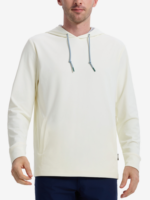 Front view of model showcasing cream soft stretchy hoodie with inner print hood