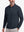 Front upper body shot of model wearing dark navy solid stretch cotton pique long sleeve polo shirts