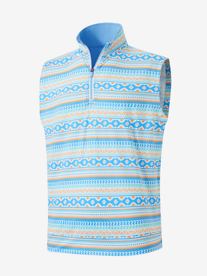3D view of blue ethnic  full print quarter zip sleeveless vest pullover
