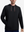 Front view of model showcasing black soft stretchy hoodie with inner print hood
