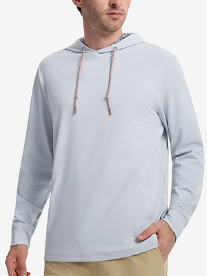 Front view of model showcasing misty blue soft stretchy hoodie with inner print hood