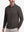 Front upper body shot of model wearing dark brown solid stretch cotton pique long sleeve polo shirts