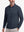 Front upper body shot of model wearing navy solid stretch cotton pique long sleeve polo shirts