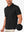 Front upper body angled shot of model wearing black nylon blend casual jacquard polo shirt