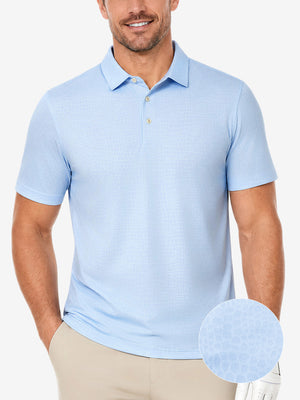 Front upper body shot of model wearing light blue of nylon blend casual jacquard polo shirts.