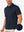 Front upper body angled shot of model wearing navy nylon blend casual jacquard polo shirt
