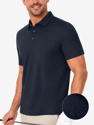 Front upper body angled shot of model wearing navy nylon blend casual jacquard polo shirt
