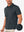 Front upper body angled shot of model wearing dark gray nylon blend casual jacquard polo shirt