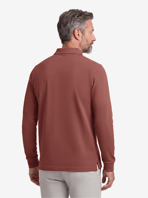 Back upper body shot of model wearing wine solid stretch cotton pique long sleeve polo shirts