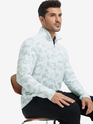 Model front upper body wearing Full print lightweight quarter zip pullover in sleek light grey camo