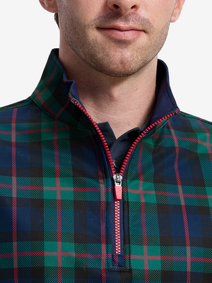 Close-up front view from nose to chest of model wearing dark plaid  full print quarter zip sleeveless vest pullover