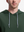 Close-up front view from nose to chest of model wearing forest green soft stretchy hoodie with inner print hood