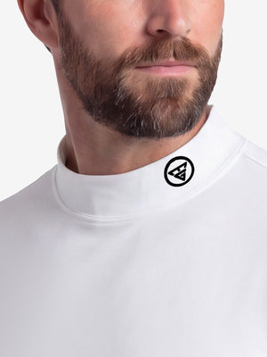 Front shot from nose to chest of model wearing white warm brushed mock neck golf t shirt