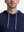 Close-up front view from nose to chest of model wearing navy soft stretchy hoodie with inner print hood