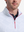 Close-up front view from nose to chest of model wearing grey irregular shape  full print quarter zip sleeveless vest pullover