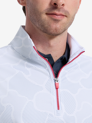Close-up front view from nose to chest of model wearing grey irregular shape  full print quarter zip sleeveless vest pullover