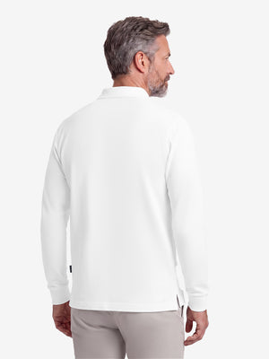 Back upper body shot of model wearing white solid stretch cotton pique long sleeve polo shirts