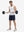 Front full body shot of model exercising in navy 4 way stretch breathable workout athletic shorts