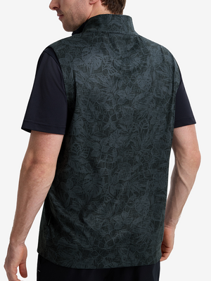 Back upper body shot of model wearing black grey leaf2  full print quarter zip sleeveless vest pullover